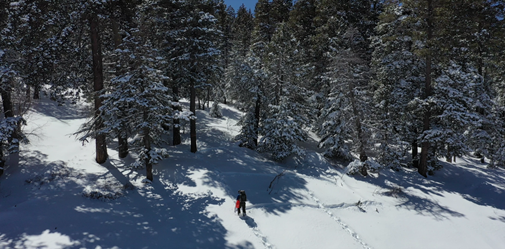 photo: researcher walking in the snow-covered mountains.